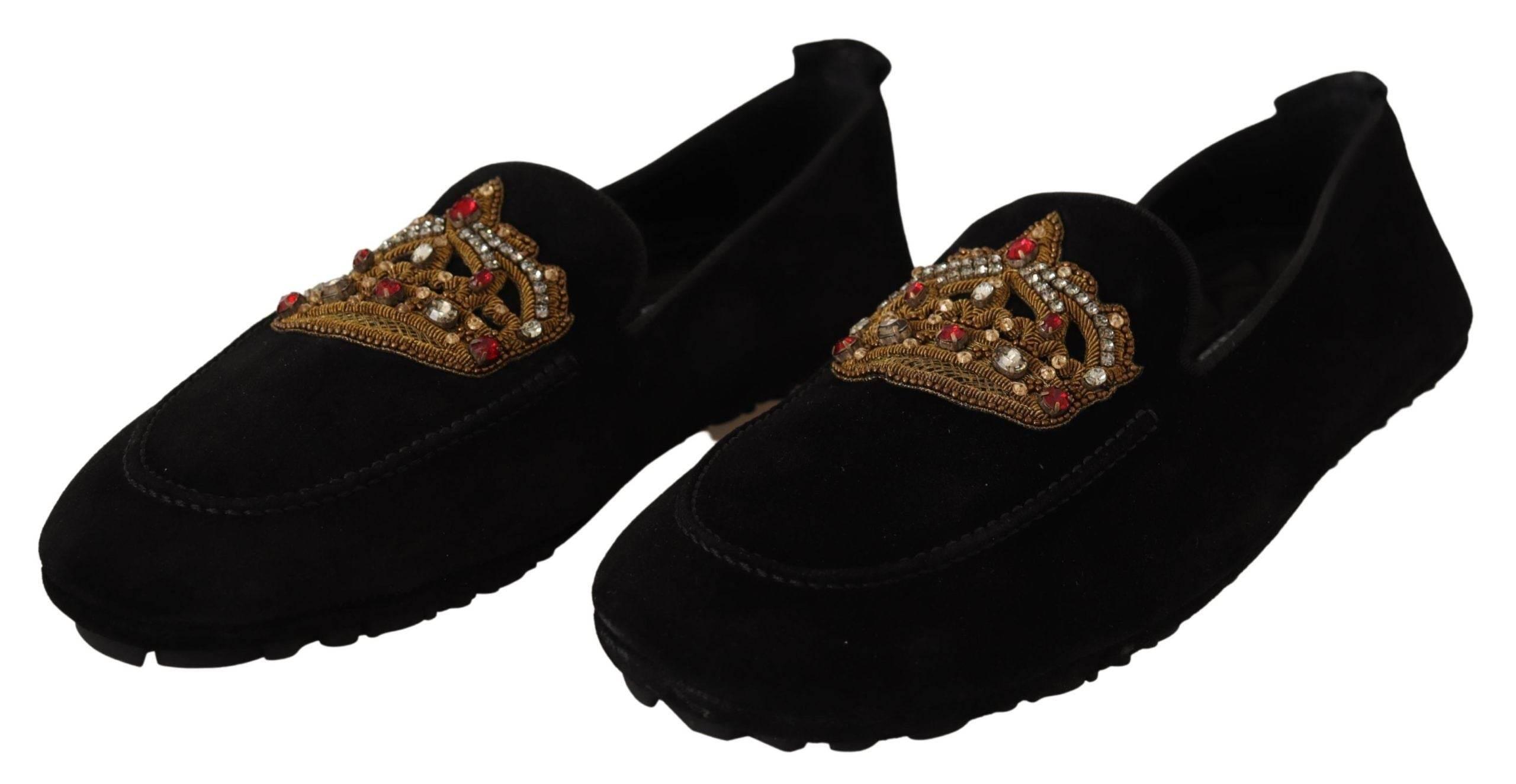 Dolce & Gabbana Elegant Black Leather Loafer Slides with Gold Embroidery - Hilstor