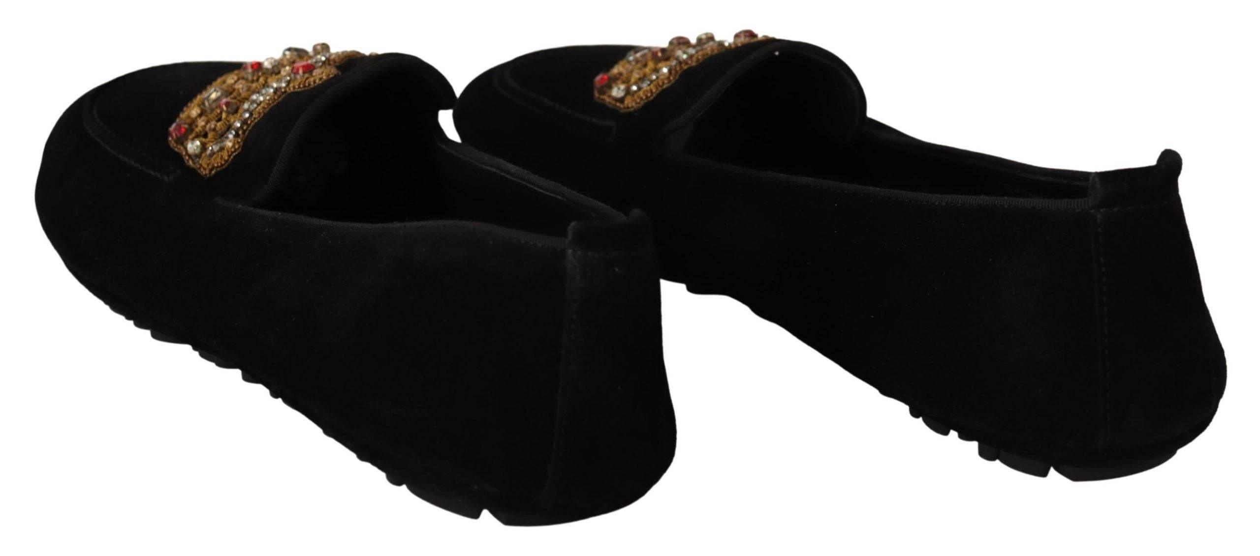 Dolce & Gabbana Elegant Black Leather Loafer Slides with Gold Embroidery - Hilstor