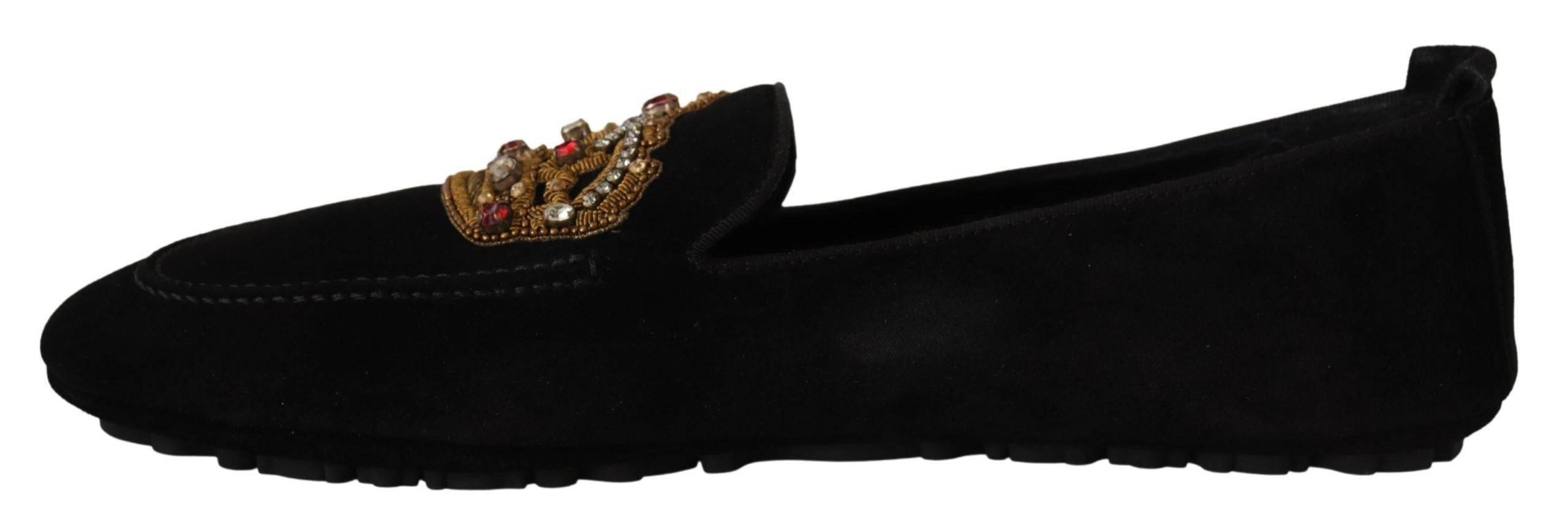 Dolce & Gabbana Elegant Black Leather Loafer Slides with Gold Embroidery - Hilstor
