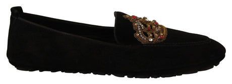 Dolce & Gabbana Elegant Black Leather Loafer Slides with Gold Embroidery - Hilstor
