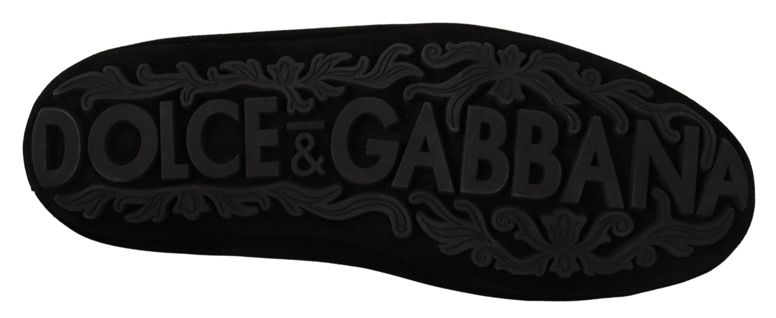 Dolce & Gabbana Elegant Black Leather Loafer Slides with Gold Embroidery - Hilstor