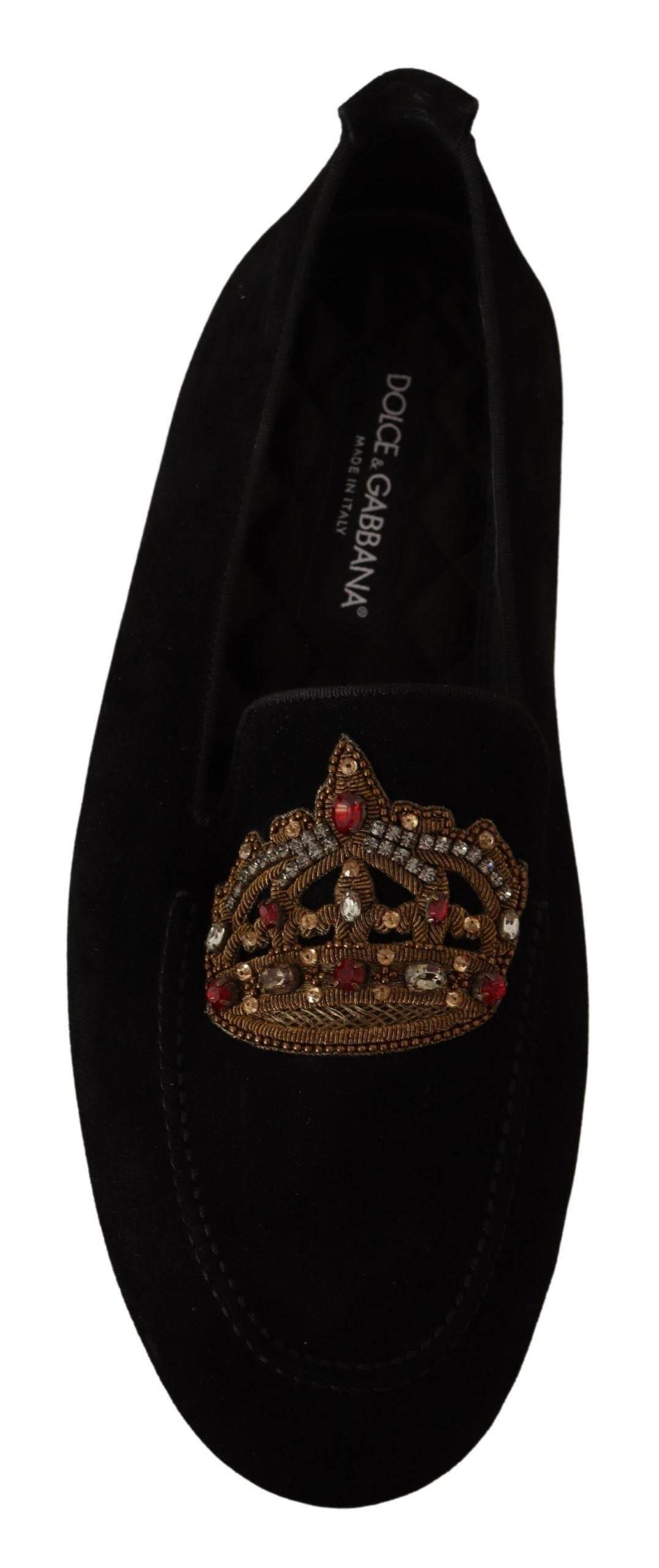 Dolce & Gabbana Elegant Black Leather Loafer Slides with Gold Embroidery - Hilstor