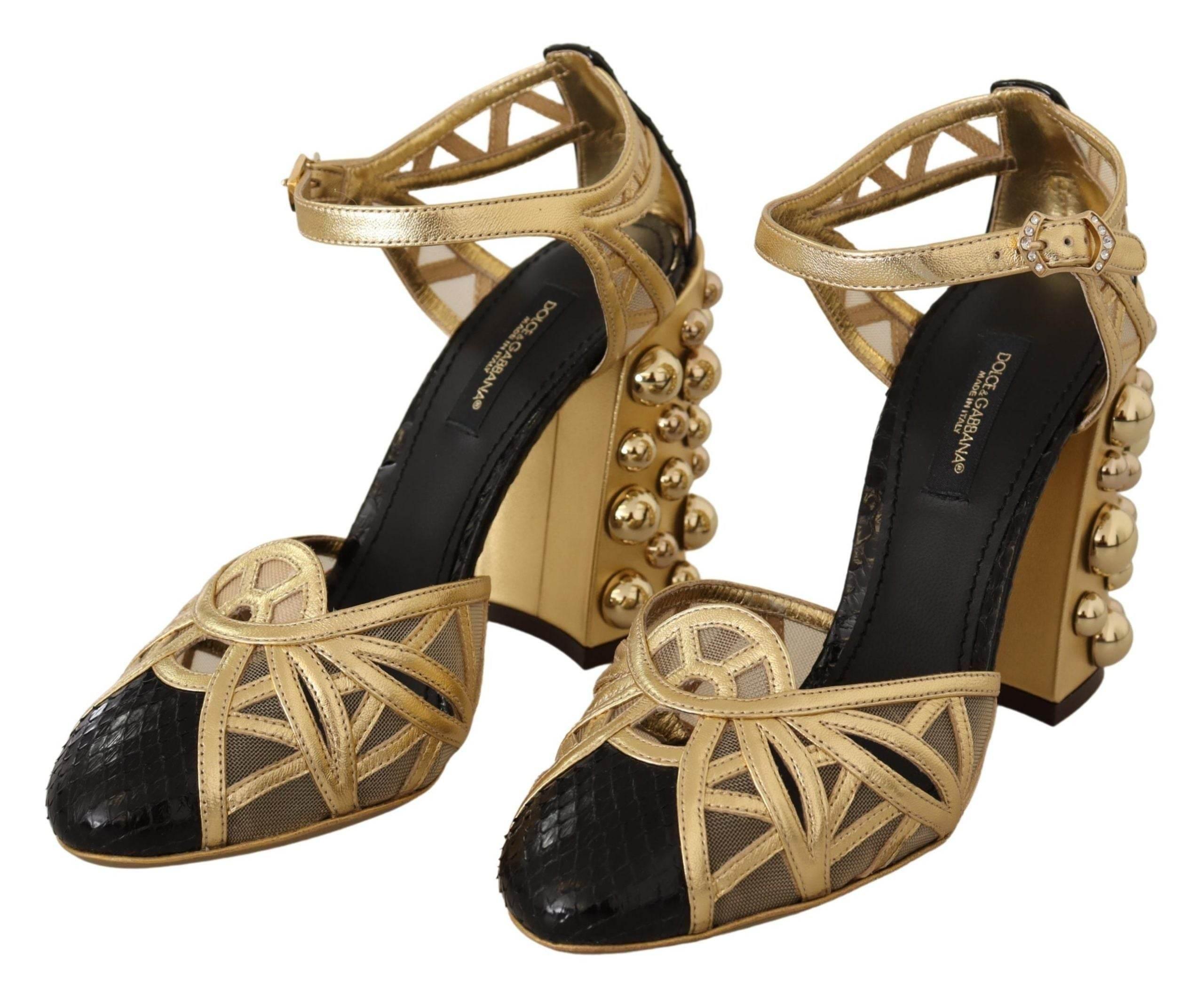 Dolce & Gabbana Black Gold Leather Studded Ankle Straps Shoes - Hilstor