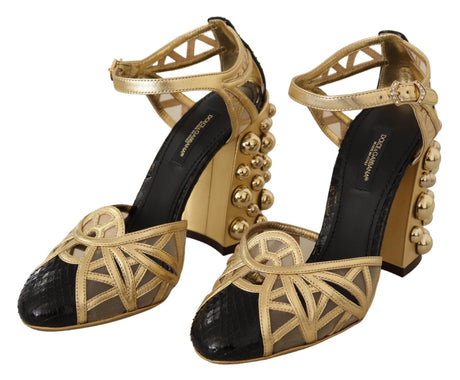 Dolce & Gabbana Black Gold Leather Studded Ankle Straps Shoes - Hilstor
