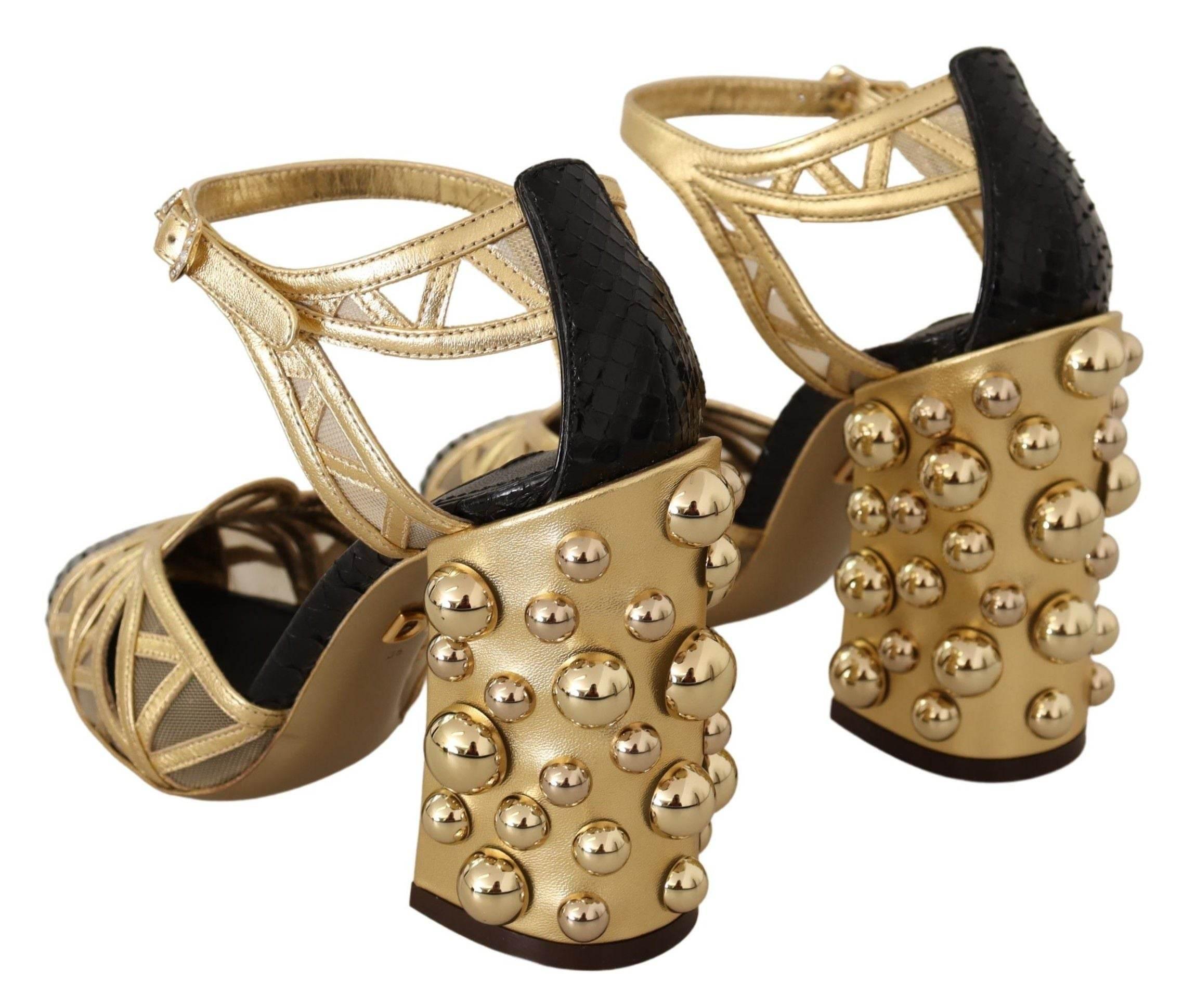 Dolce & Gabbana Black Gold Leather Studded Ankle Straps Shoes - Hilstor