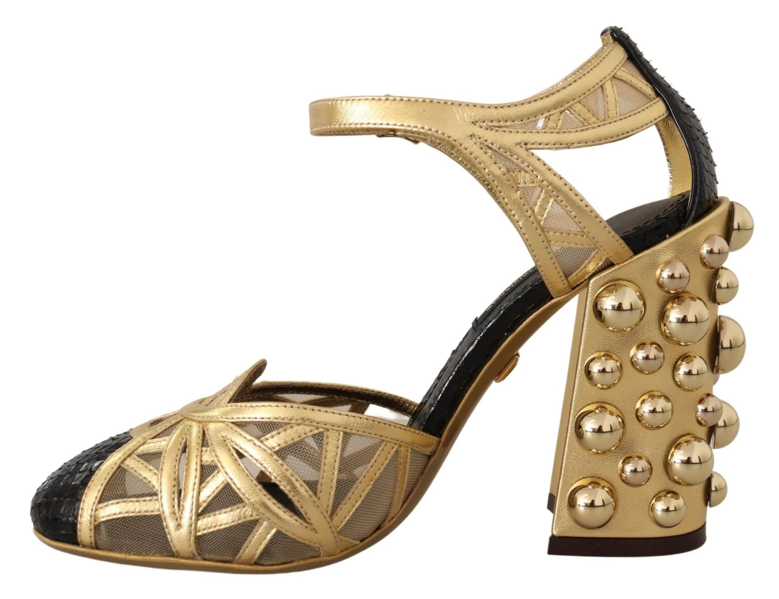 Dolce & Gabbana Black Gold Leather Studded Ankle Straps Shoes - Hilstor