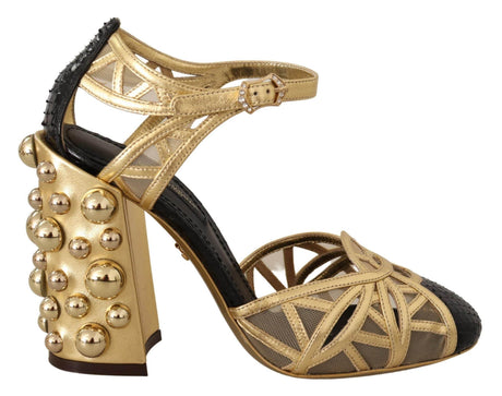 Dolce & Gabbana Black Gold Leather Studded Ankle Straps Shoes - Hilstor