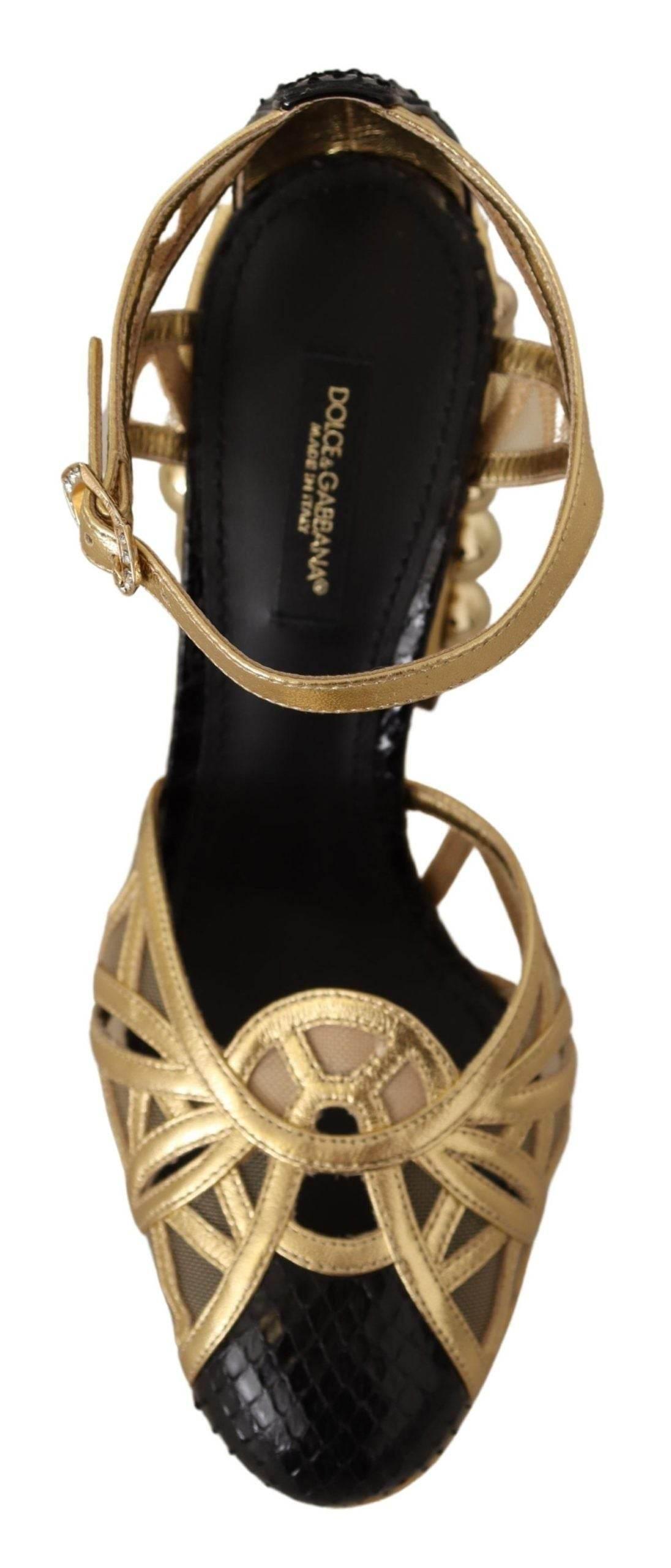 Dolce & Gabbana Black Gold Leather Studded Ankle Straps Shoes - Hilstor