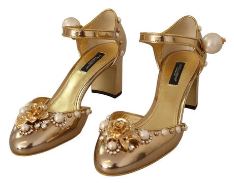 Dolce & Gabbana Elegant Gold Leather Block Heels with Crystals - Hilstor