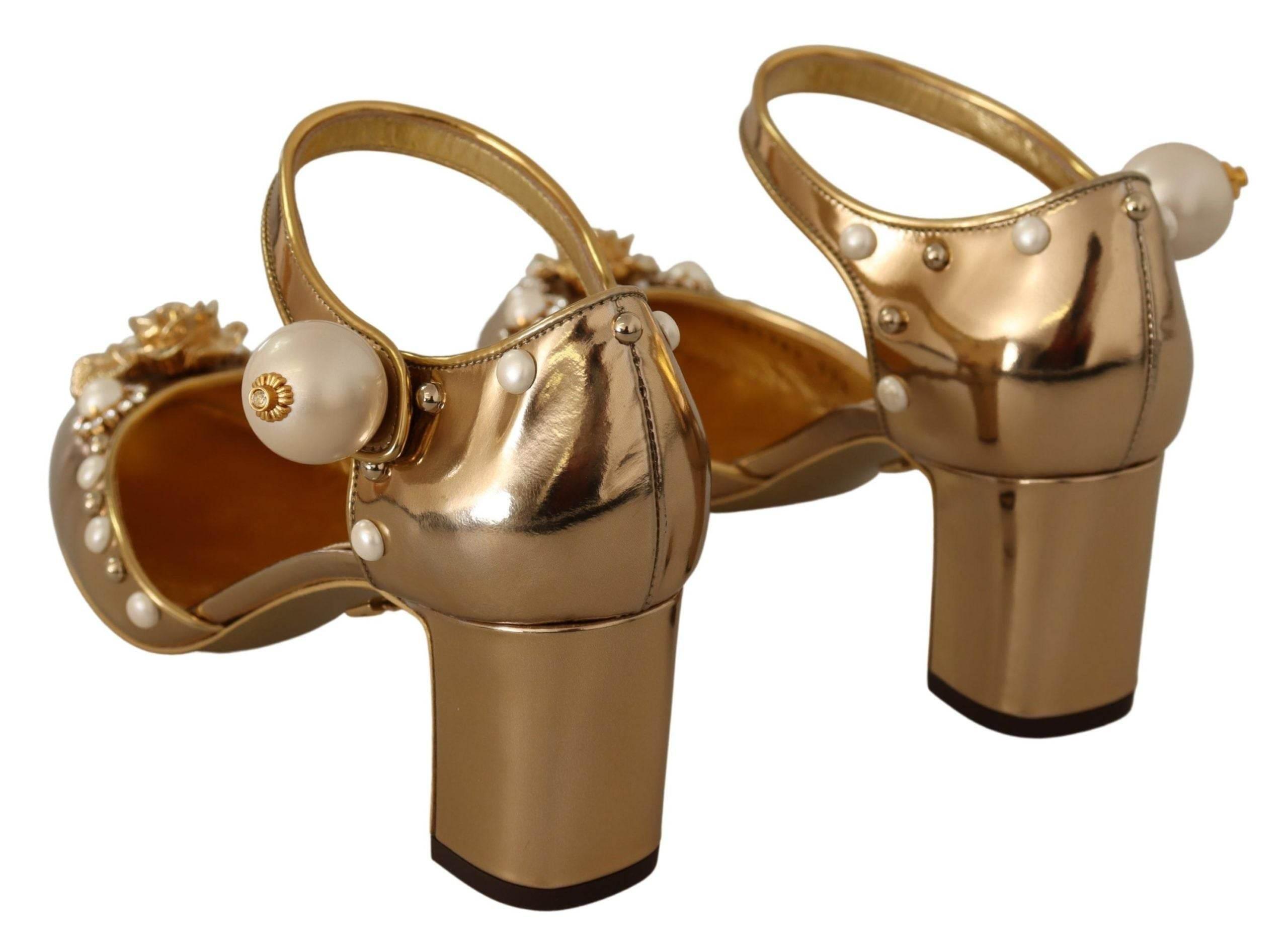 Dolce & Gabbana Elegant Gold Leather Block Heels with Crystals - Hilstor