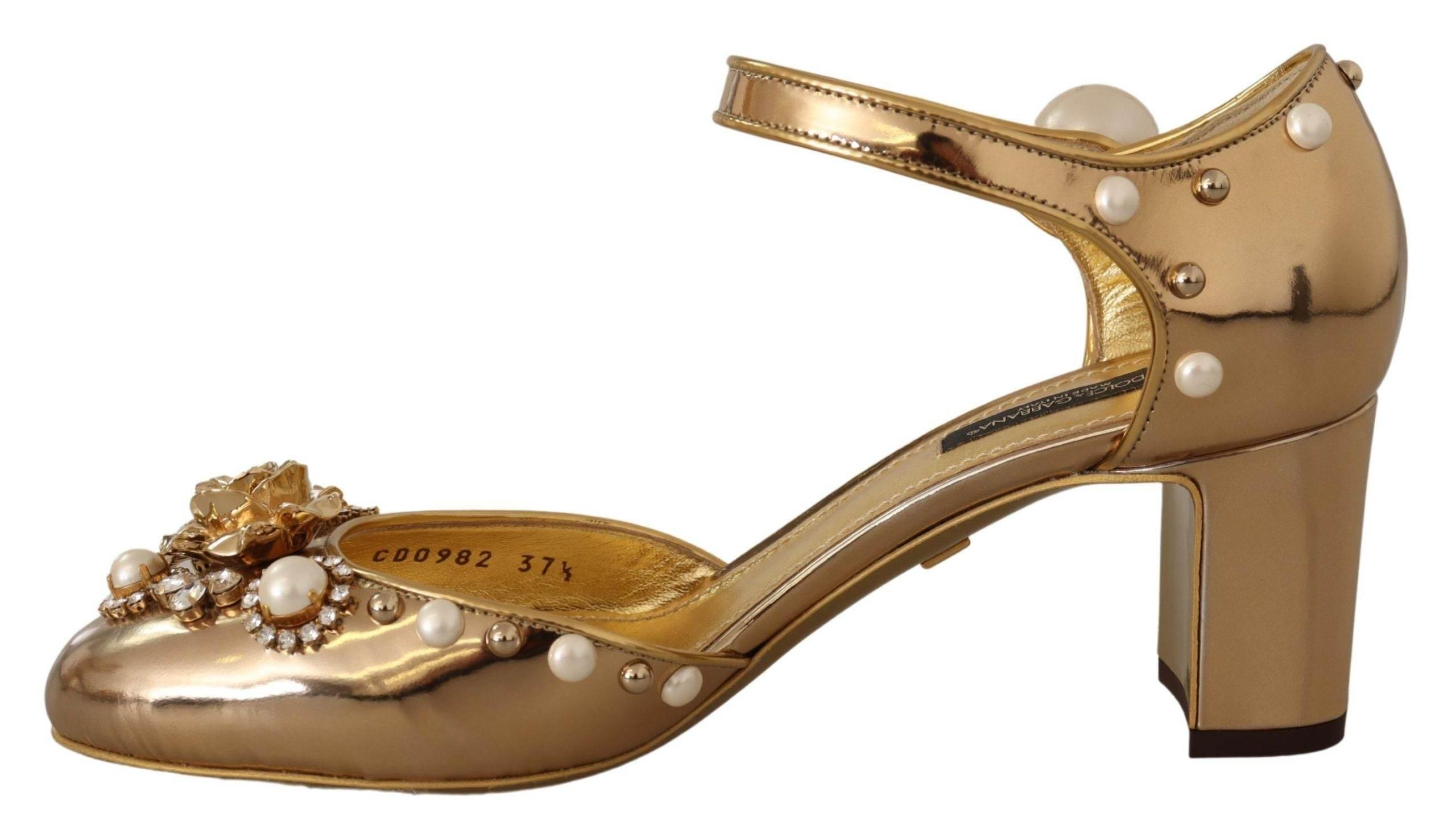 Dolce & Gabbana Elegant Gold Leather Block Heels with Crystals - Hilstor