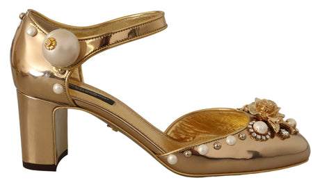 Dolce & Gabbana Elegant Gold Leather Block Heels with Crystals - Hilstor
