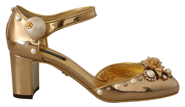 Dolce & Gabbana Elegant Gold Leather Block Heels with Crystals - Hilstor