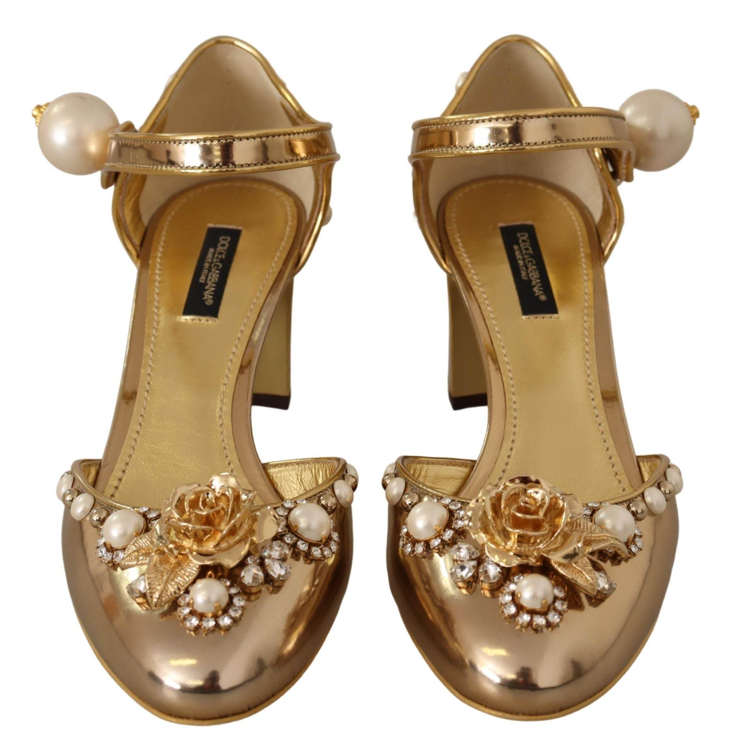 Dolce & Gabbana Elegant Gold Leather Block Heels with Crystals - Hilstor