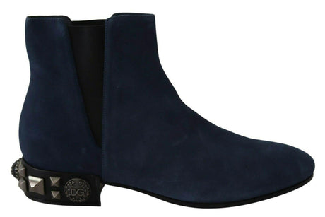 Dolce & Gabbana Chic Blue Suede Mid-Calf Boots with Stud Details - Hilstor