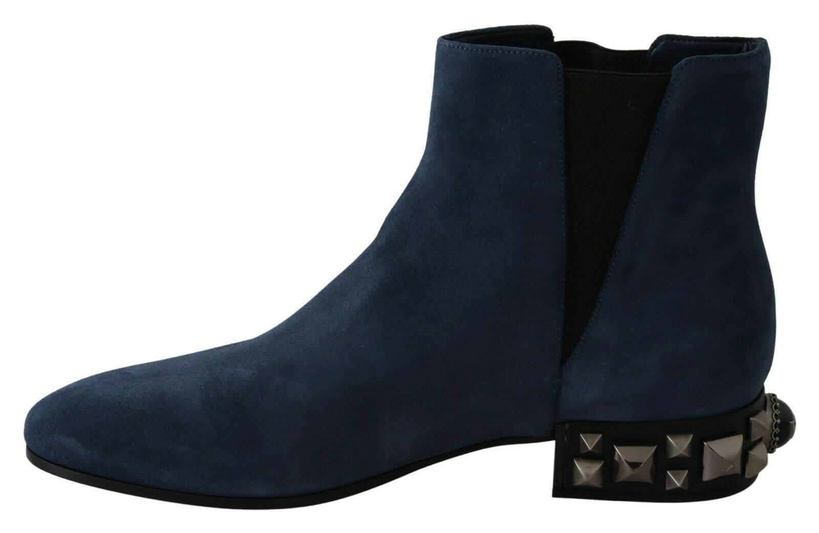 Dolce & Gabbana Chic Blue Suede Mid-Calf Boots with Stud Details - Hilstor