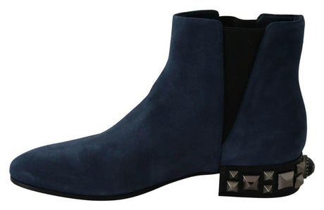 Dolce & Gabbana Chic Blue Suede Mid-Calf Boots with Stud Details - Hilstor