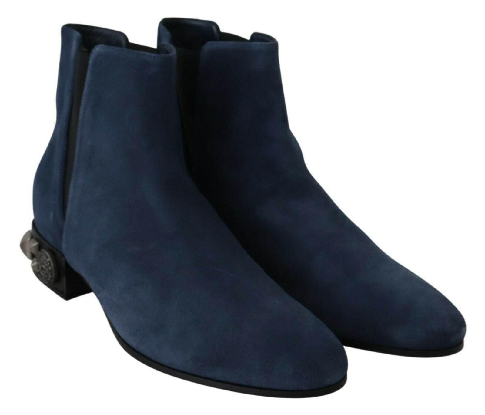 Dolce & Gabbana Chic Blue Suede Mid-Calf Boots with Stud Details - Hilstor
