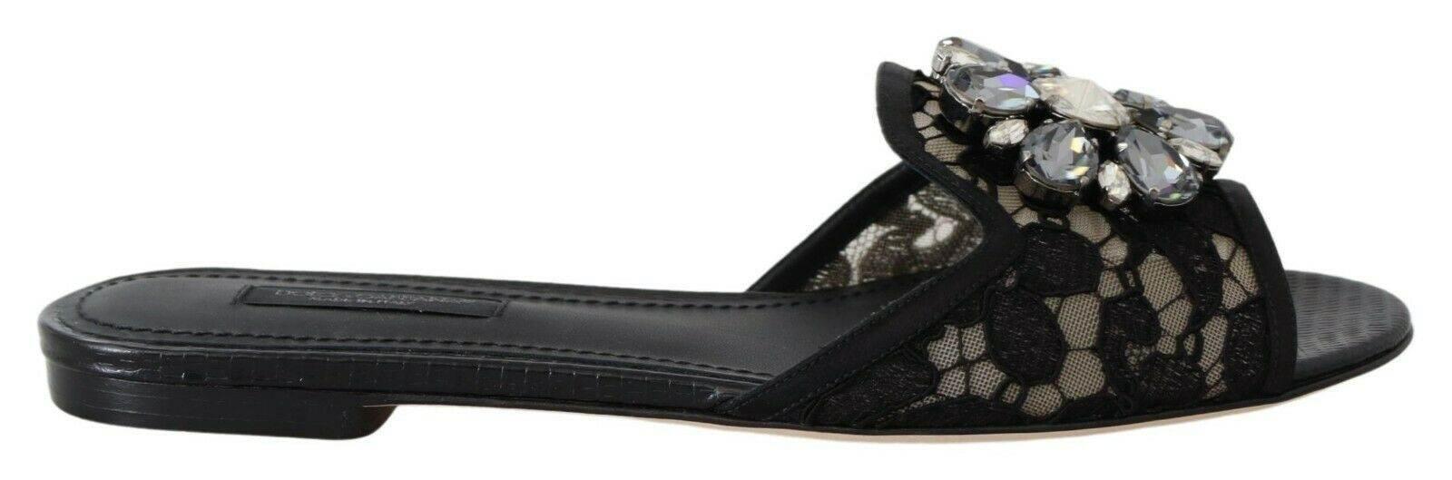 Dolce & Gabbana Elegant Black Lace Mules with Jewel Flower Detail - Hilstor