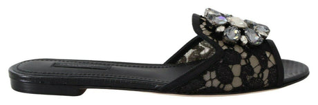 Dolce & Gabbana Elegant Black Lace Mules with Jewel Flower Detail - Hilstor