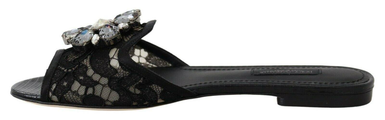 Dolce & Gabbana Elegant Black Lace Mules with Jewel Flower Detail - Hilstor