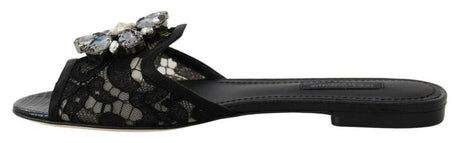 Dolce & Gabbana Elegant Black Lace Mules with Jewel Flower Detail - Hilstor