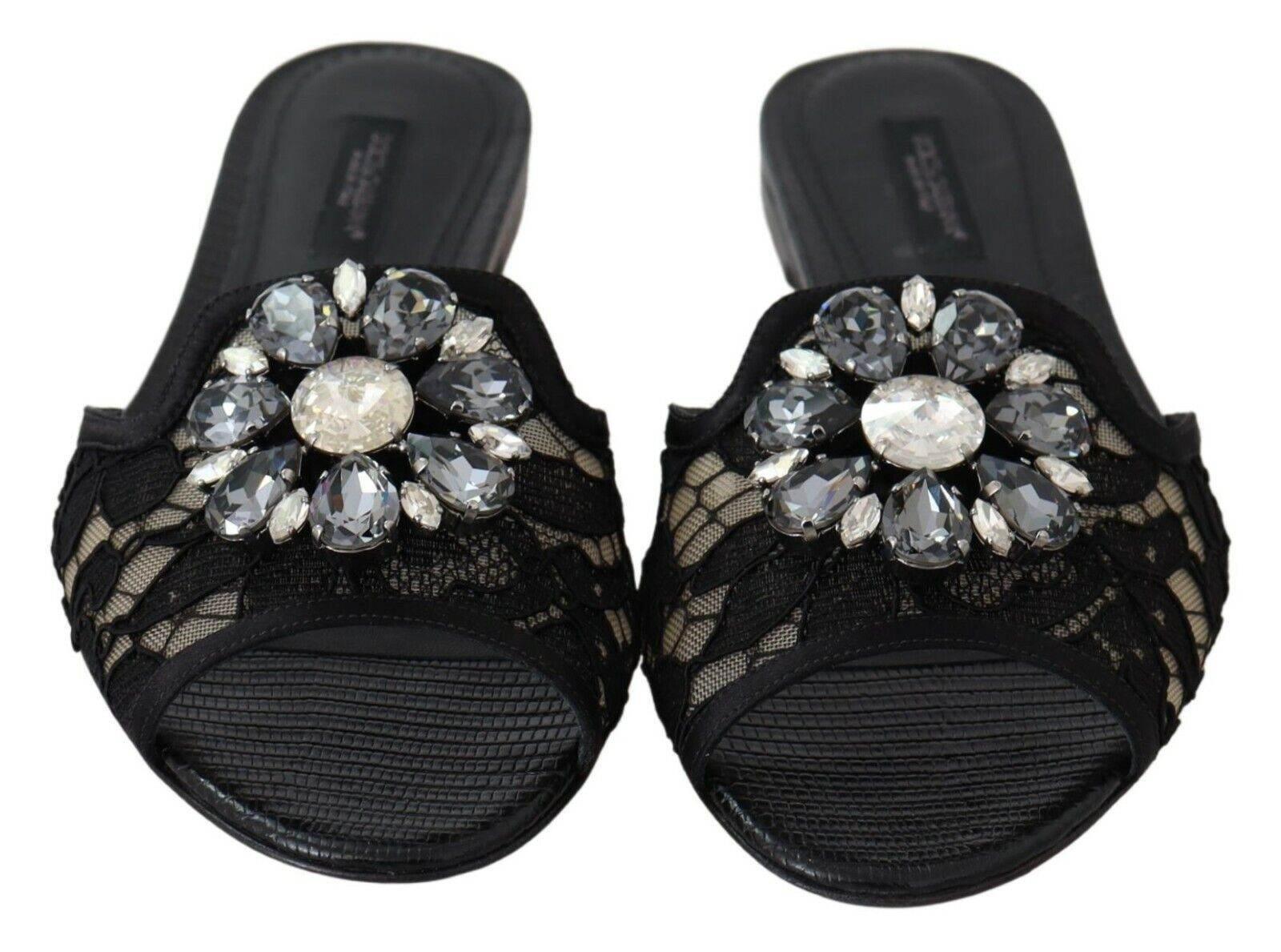 Dolce & Gabbana Elegant Black Lace Mules with Jewel Flower Detail - Hilstor