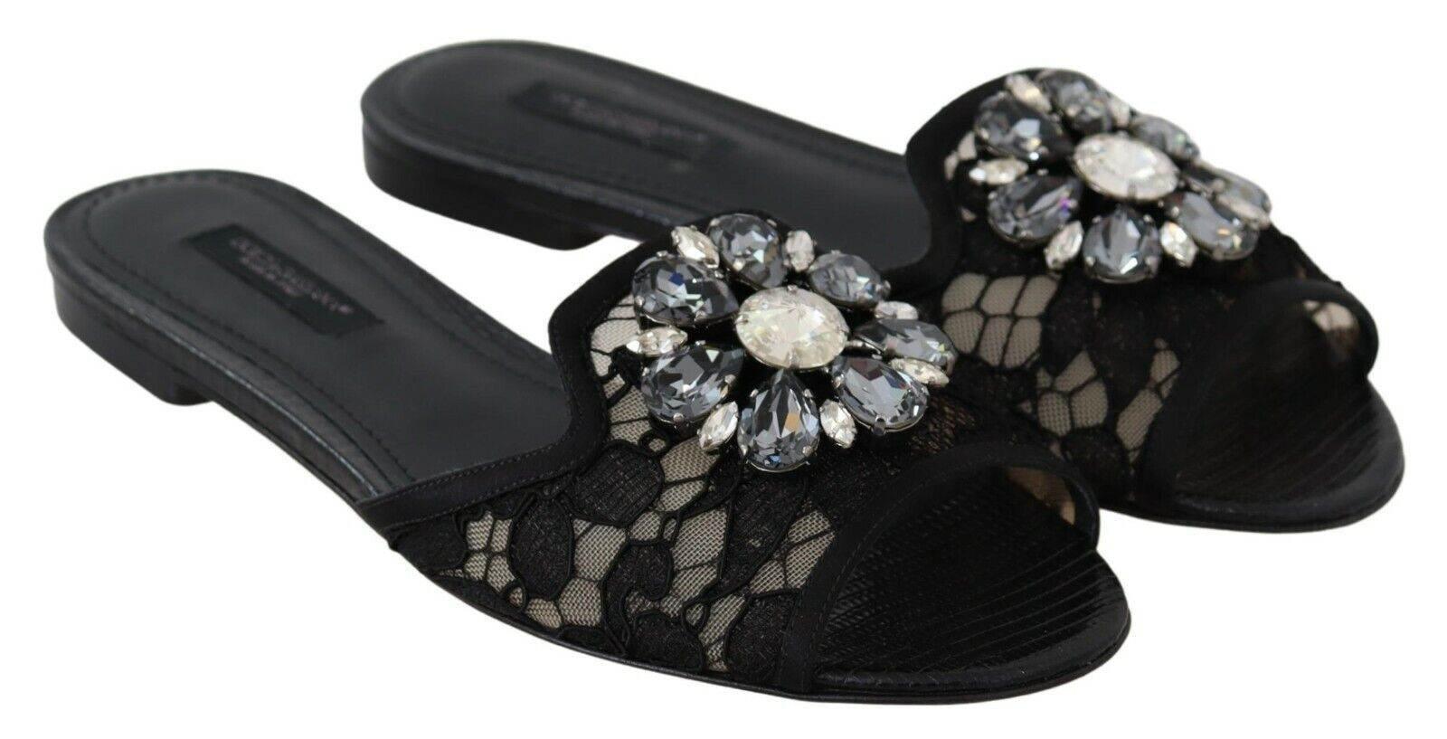 Dolce & Gabbana Elegant Black Lace Mules with Jewel Flower Detail - Hilstor