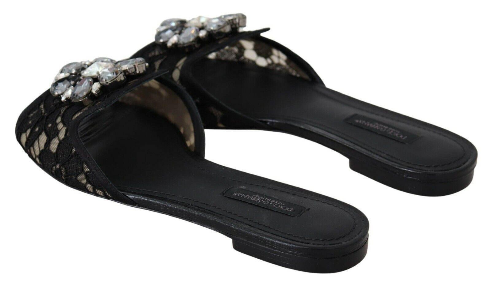 Dolce & Gabbana Elegant Black Lace Mules with Jewel Flower Detail - Hilstor