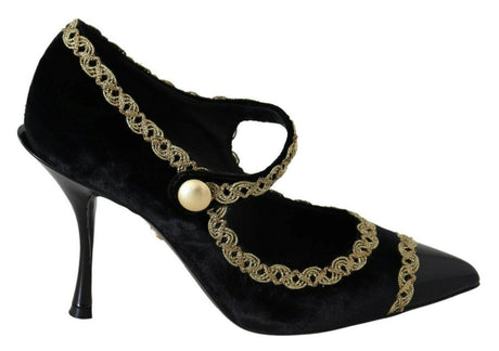Dolce & Gabbana Elegant Gold-Embroidered Black Velvet Pumps - Hilstor