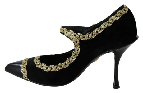 Dolce & Gabbana Elegant Gold-Embroidered Black Velvet Pumps - Hilstor