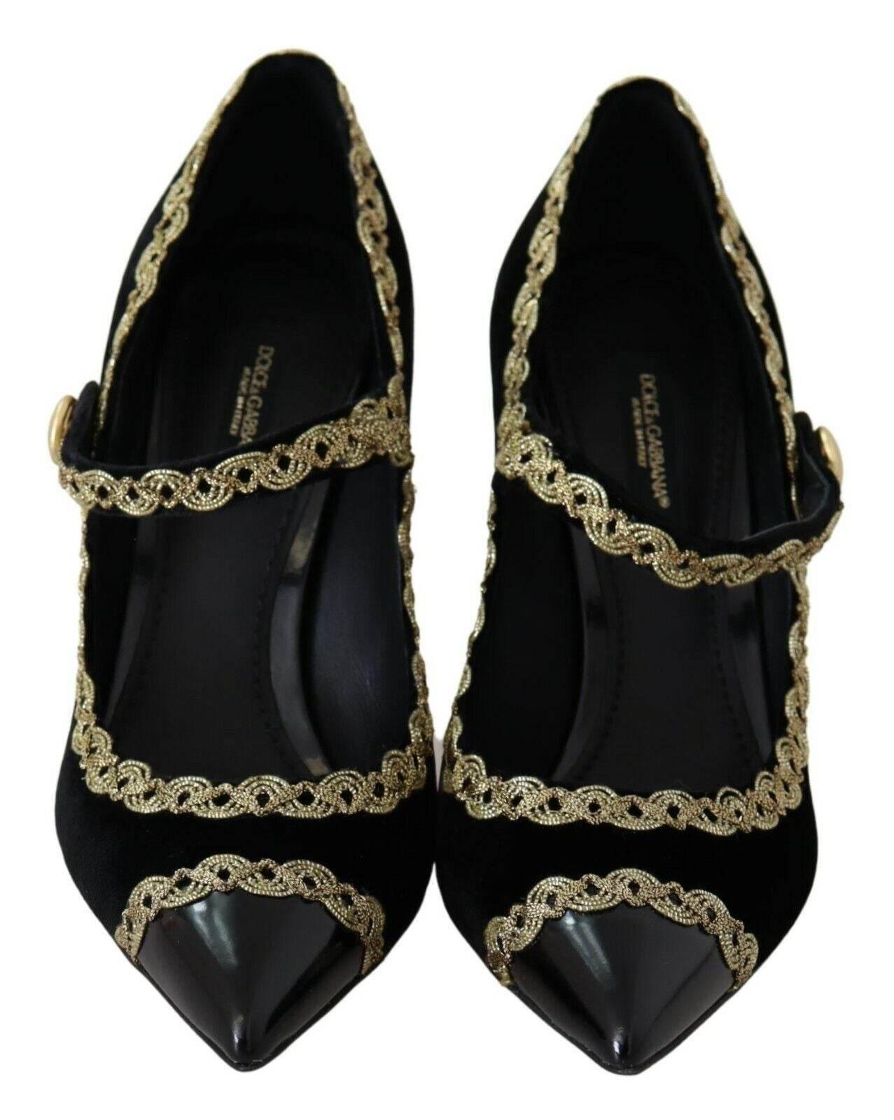 Dolce & Gabbana Elegant Gold-Embroidered Black Velvet Pumps - Hilstor