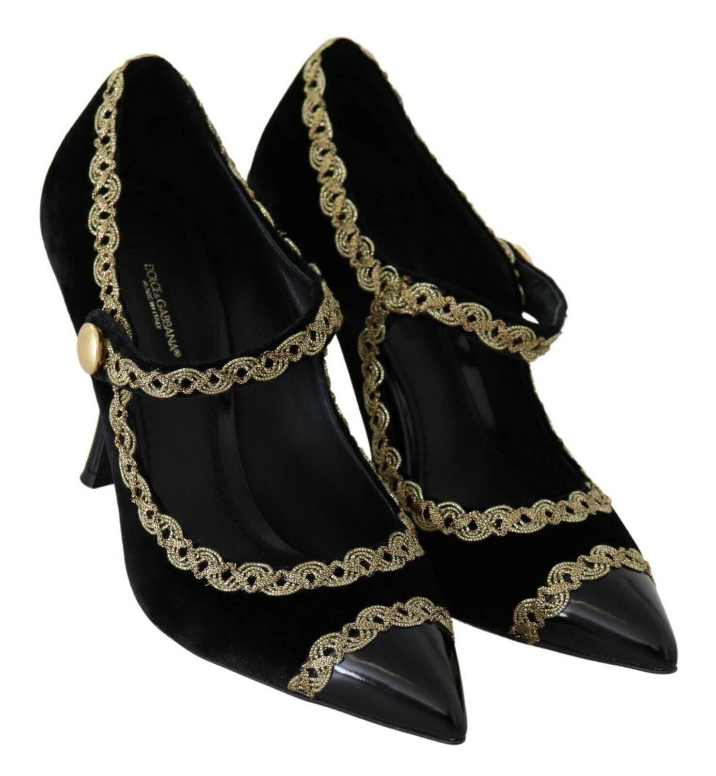 Dolce & Gabbana Elegant Gold-Embroidered Black Velvet Pumps - Hilstor