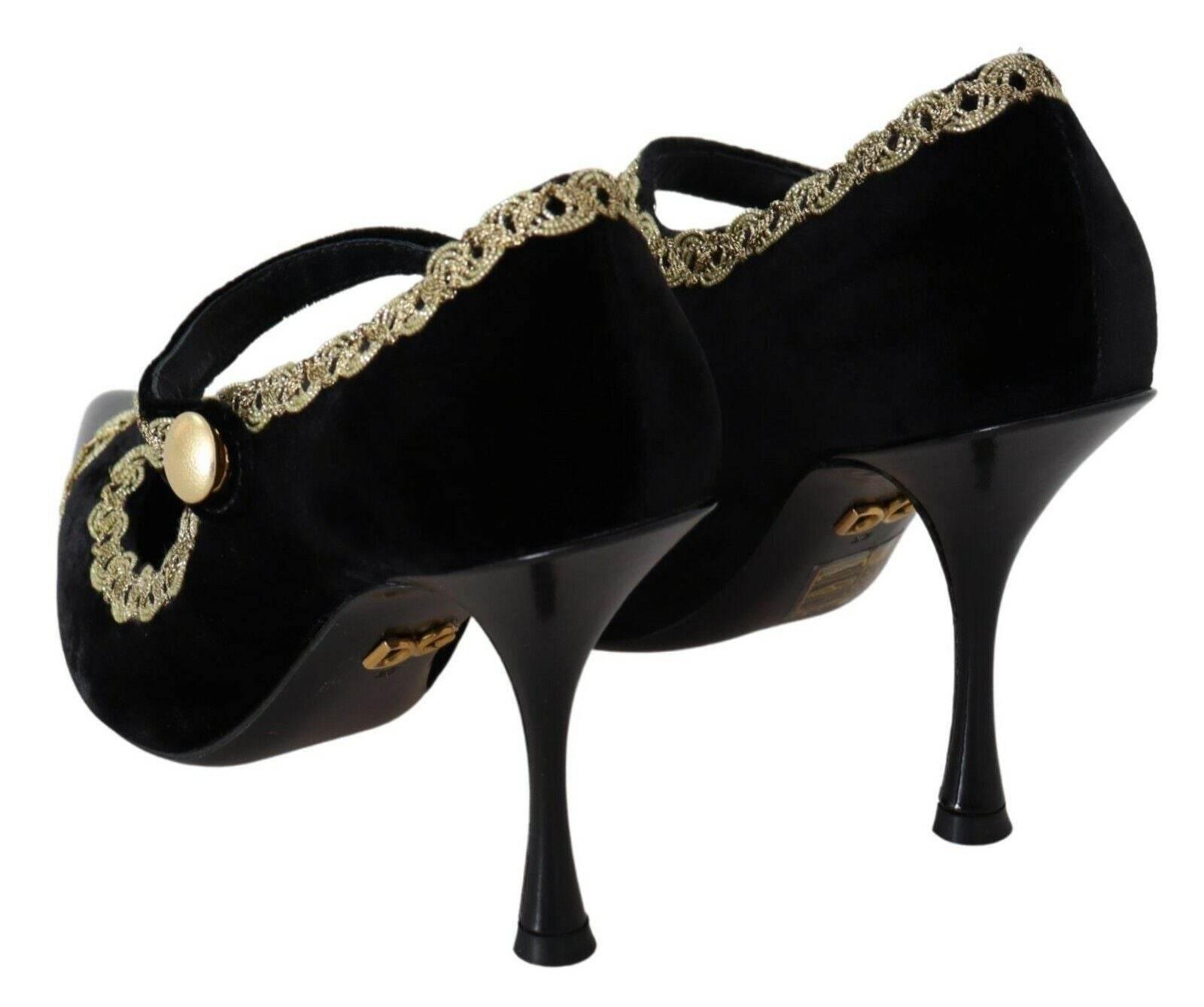 Dolce & Gabbana Elegant Gold-Embroidered Black Velvet Pumps - Hilstor