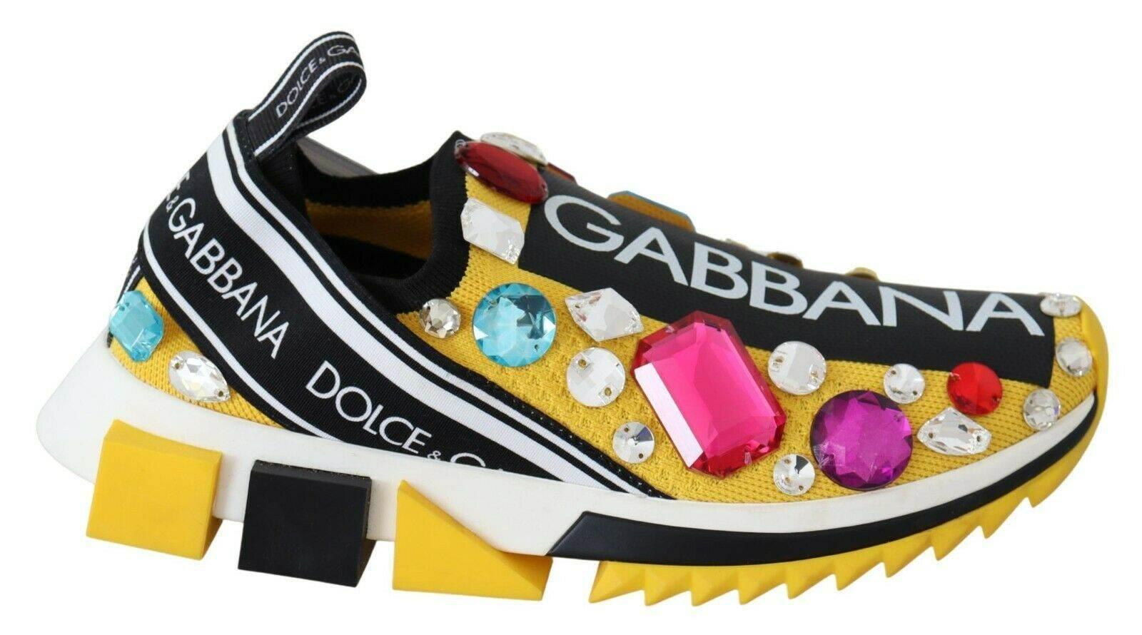 Dolce & Gabbana Yellow Multicolor Crystals Sneakers Shoes - Hilstor