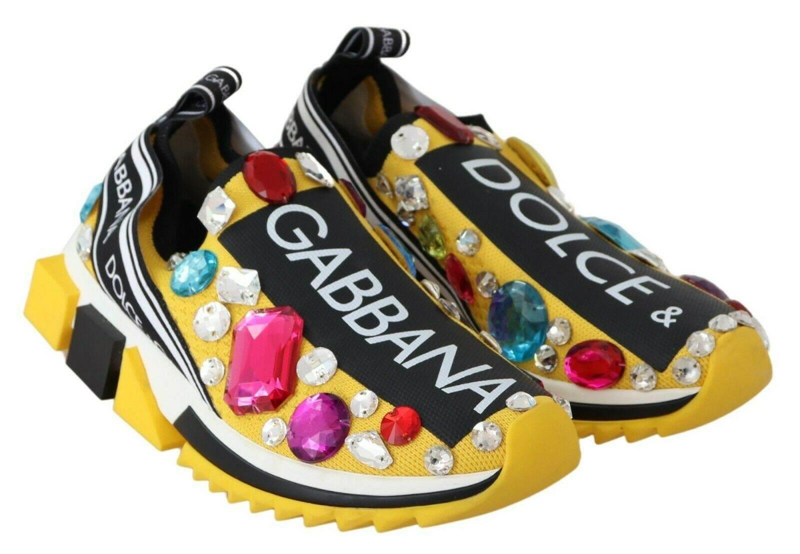 Dolce & Gabbana Yellow Multicolor Crystals Sneakers Shoes - Hilstor