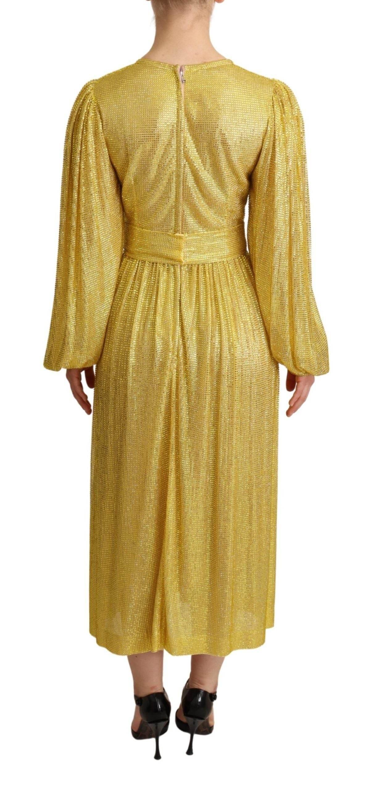 Dolce & Gabbana Yellow Crystal Mesh Pleated Maxi Dress - Hilstor