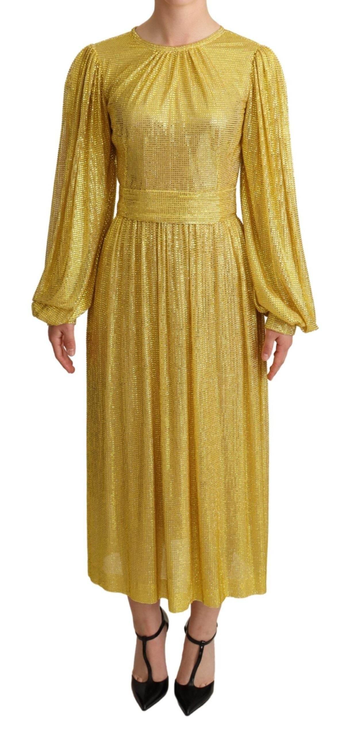 Dolce & Gabbana Yellow Crystal Mesh Pleated Maxi Dress - Hilstor