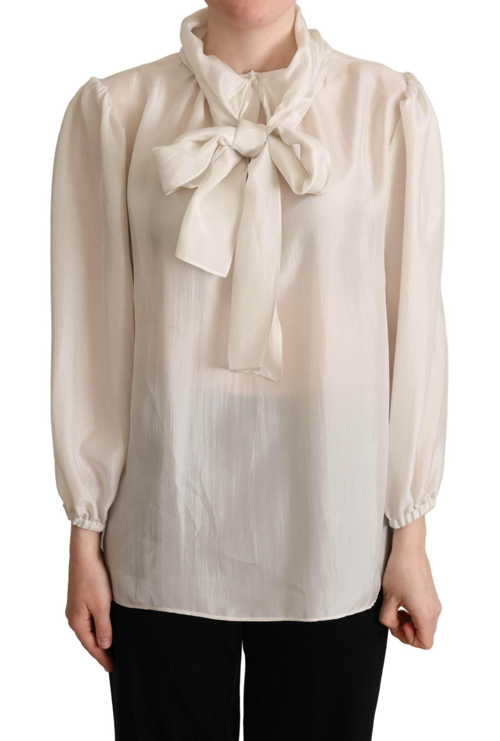 Dolce & Gabbana Light Gray Ascot Collar Shirt Silk Blouse Top - Hilstor