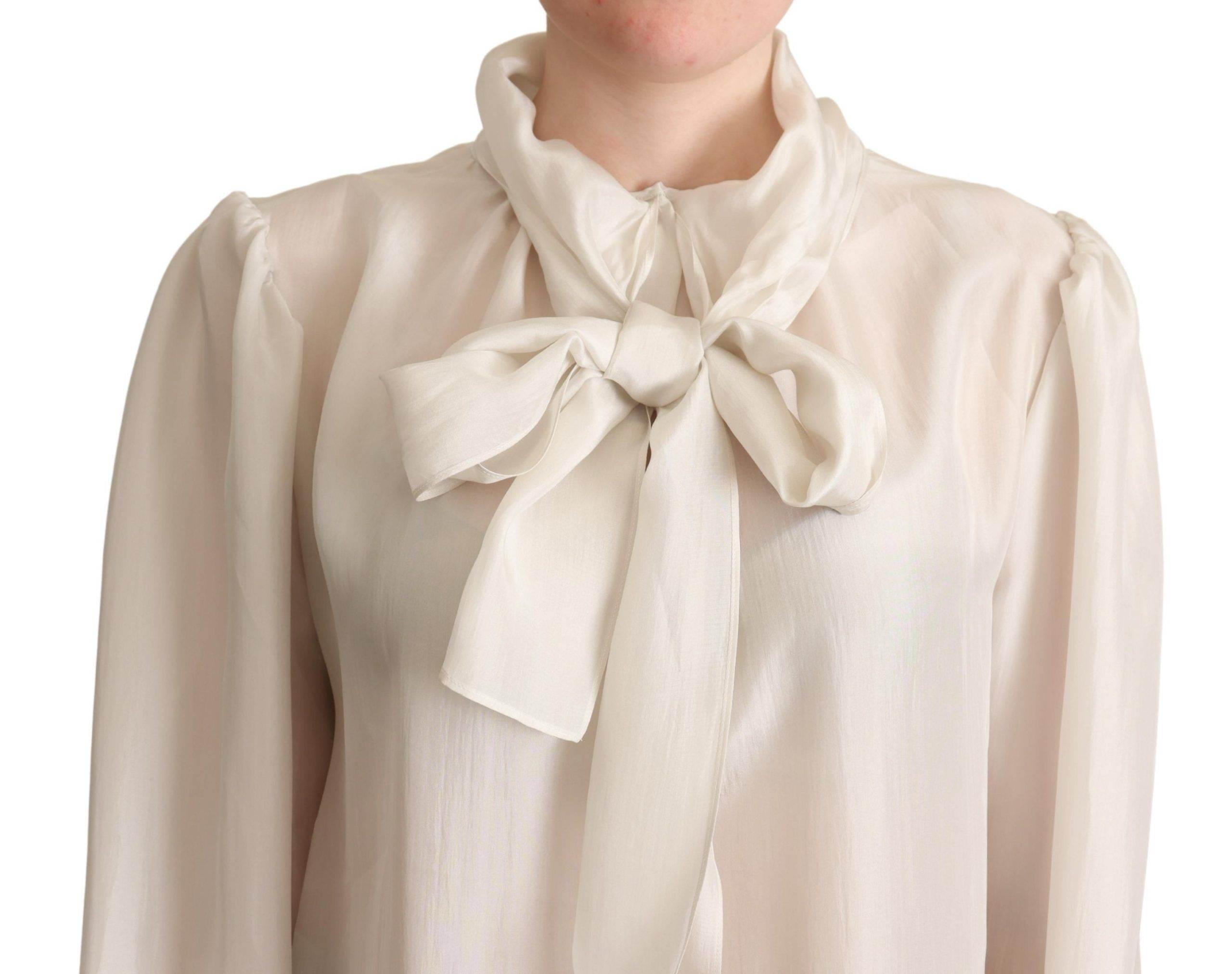 Dolce & Gabbana Light Gray Ascot Collar Shirt Silk Blouse Top - Hilstor