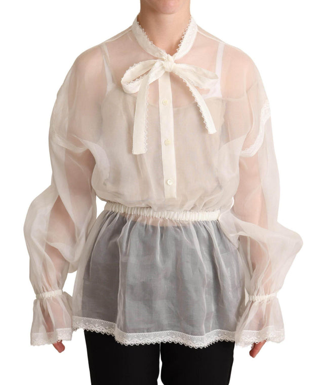 Dolce & Gabbana Elegant White Silk-Cotton Ascot Blouse - Hilstor