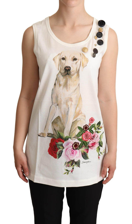 Dolce & Gabbana White Dog Floral Print Embellished T-shirt - Hilstor