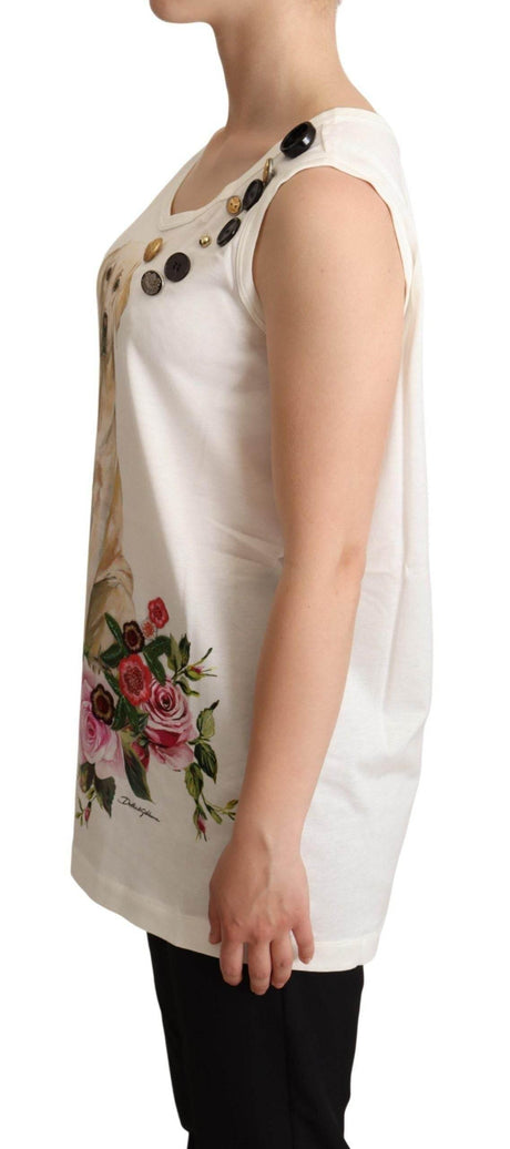 Dolce & Gabbana White Dog Floral Print Embellished T-shirt - Hilstor