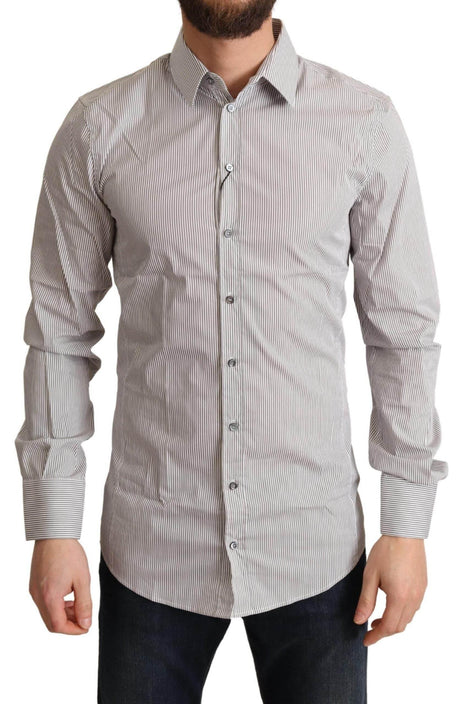 Dolce & Gabbana Elegant Gray Striped Slim Fit Dress Shirt - Hilstor