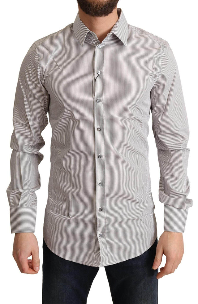 Dolce & Gabbana Elegant Gray Striped Slim Fit Dress Shirt - Hilstor
