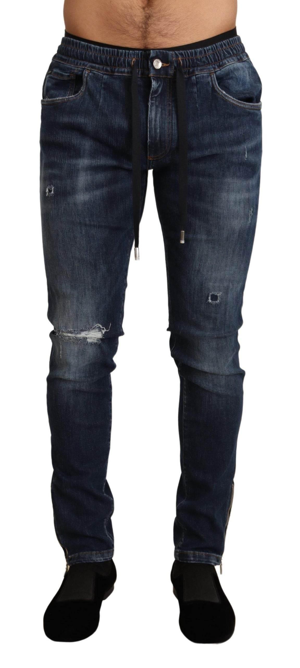 Dolce & Gabbana Blue Cotton Stretch Tattered Denim Jeans - Hilstor