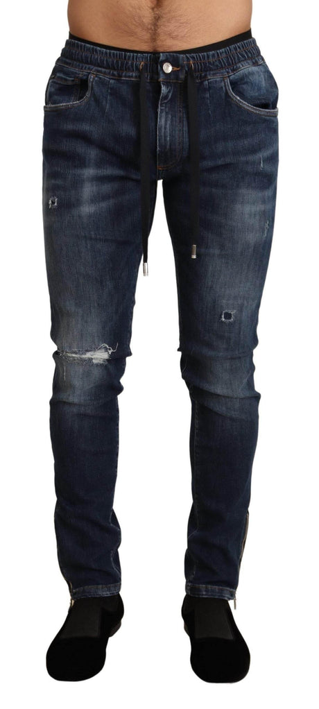 Dolce & Gabbana Blue Cotton Stretch Tattered Denim Jeans - Hilstor