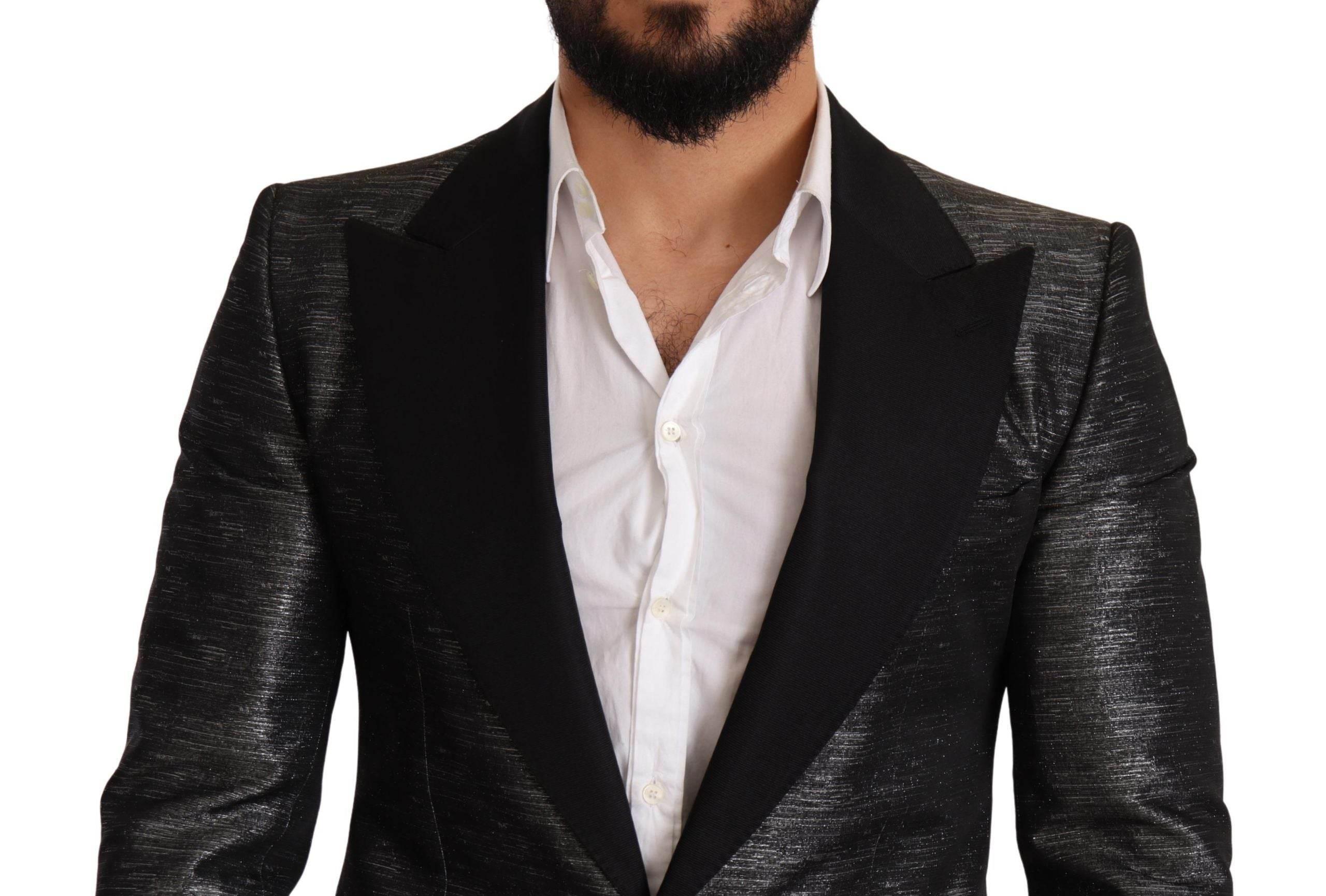 Dolce & Gabbana Gray Metallic Black Slim Tuxedo Blazer - Hilstor