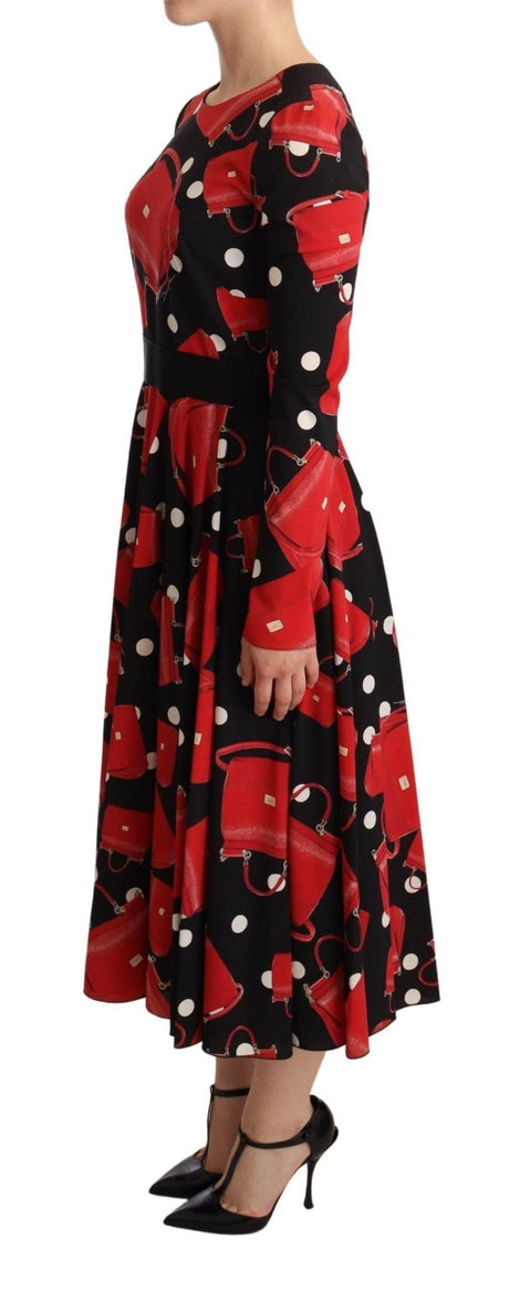 Dolce & Gabbana Black Sicily Bag Print Flared Midi Dress - Hilstor