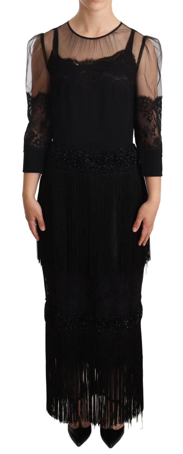 Dolce & Gabbana Black Sheer Floral Lace Crystal Maxi Dress - Hilstor